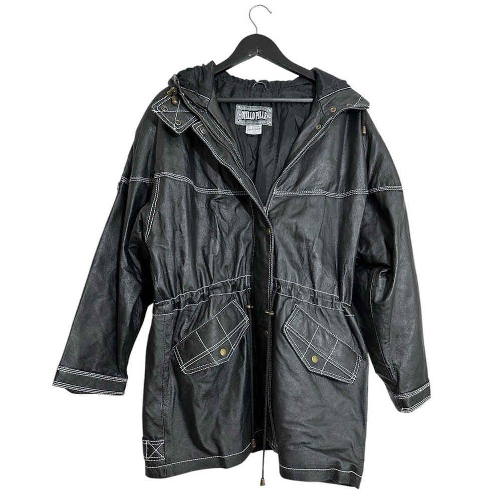Otello Pelle Black Leather Hooded Vintage Jacket White Stitching Size Large